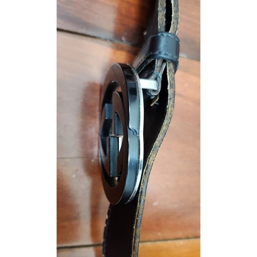 Gucci Black Shiny Imprime Belt With Black Interlinking GG Buckle